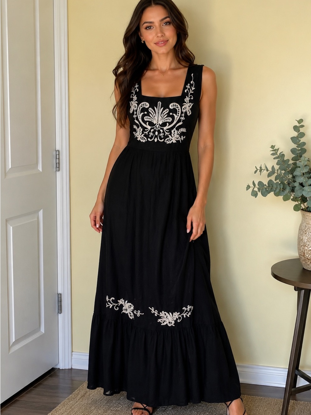 Rusttydustty XL Black Embroidered Square-Neck Maxi Dress